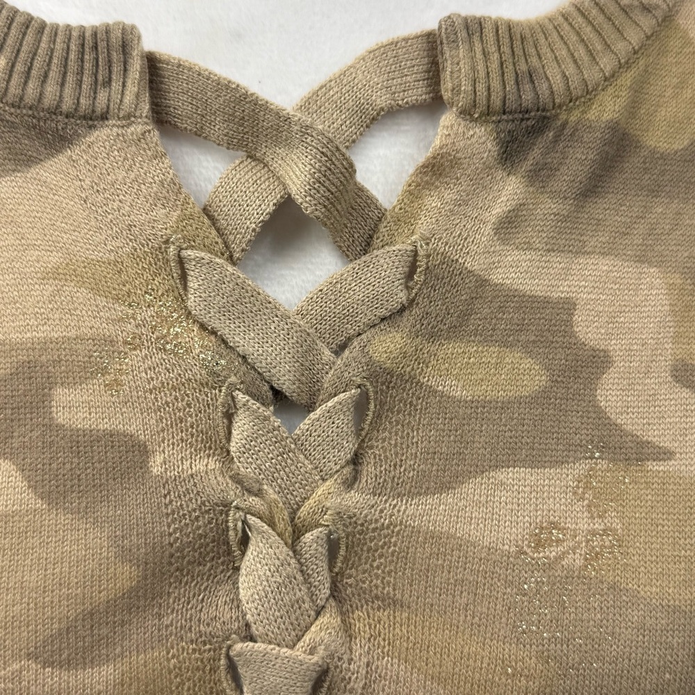 Democracy Beige Camo Criss-Cross Neckline Long Sleeve Knit Top Banded Hem Size L - Picture 7 of 12